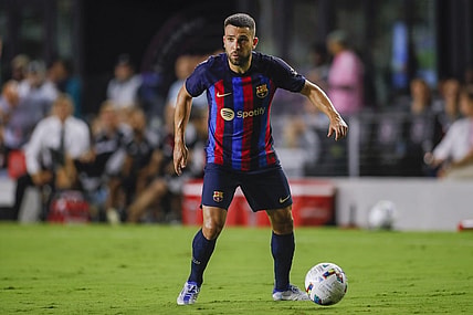 Jul 19, 2022; Miami, FL, USA; FC Barcelona defender Jordi Alba (18) controls the ball during the second half against Inter Miami CF at DRV PNK Stadium. Mandatory Credit: Sam Navarro-USA TODAY Sports