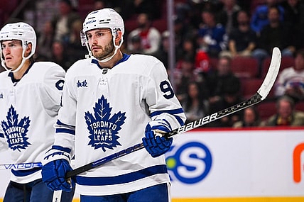 Oct 3, 2022; Montreal, Quebec, CAN; Toronto Maple Leafs defenseman Victor Mete (98) waits for a face-off during the third period at Bell Centre. Mandatory Credit: David Kirouac-USA TODAY Sports