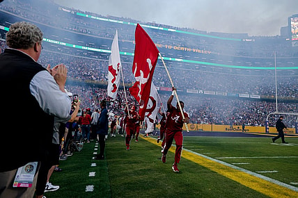 Nov 5, 2022; Baton Rouge, Louisiana, USA; Alabama Crimson Tide cheerleaders lead out the players from the tunnel to start the game against the LSU Tigers before the first half at Tiger Stadium. Mandatory Credit: Stephen Lew-USA TODAY Sports