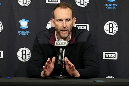 Nov 9, 2022; Brooklyn, New York, USA; Brooklyn Nets general manager Sean Marks speaks during a press conference before a game against the New York Knicks at Barclays Center. Mandatory Credit: Brad Penner-USA TODAY Sports