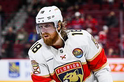 Jan 19, 2023; Montreal, Quebec, CAN; Florida Panthers defenseman Marc Staal (18) during warm-up before the game against the Montreal Canadiens at Bell Centre. Mandatory Credit: David Kirouac-USA TODAY Sports