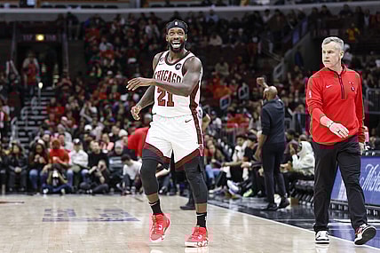 Feb 24, 2023; Chicago, Illinois, USA; Chicago Bulls guard Patrick Beverley (21) reacts during the first half of an NBA game against the Brooklyn Nets at United Center. Mandatory Credit: Kamil Krzaczynski-USA TODAY Sports