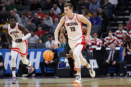 Mar 16, 2023; Sacramento, CA, USA; Arizona Wildcats forward Azuolas Tubelis (10) moves the ball down court against the Princeton Tigers during the first half at Golden 1 Center. Mandatory Credit: Kelley L Cox-USA TODAY Sports