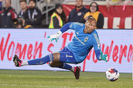 Mar 18, 2023; Harrison, New Jersey, USA; Columbus Crew goalkeeper Eloy Room (1) reacts for the ball during the second half against the New York Red Bulls at Red Bull Arena. Mandatory Credit: Vincent Carchietta-USA TODAY Sports
