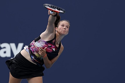 Mar 23, 2023; Miami, Florida, US; Daria Kasatkina serves against Elise Mertens (BEL) (not pictured) on day four of the Miami Open at Hard Rock Stadium. Mandatory Credit: Geoff Burke-USA TODAY Sports
