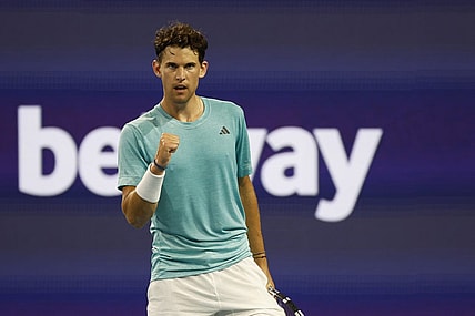 Mar 23, 2023; Miami, Florida, US; Dominic Thiem (AUT) reacts after winning a point against Lorenzo Sonego (ITA) (not pictured) on day four of the Miami Open at Hard Rock Stadium. Mandatory Credit: Geoff Burke-USA TODAY Sports