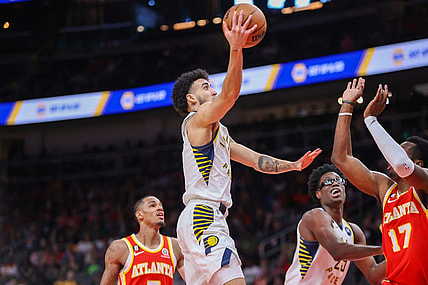 Mar 25, 2023; Atlanta, Georgia, USA; Indiana Pacers guard Chris Duarte (3) shoots against the Atlanta Hawks in the second quarter at State Farm Arena. Mandatory Credit: Brett Davis-USA TODAY Sports