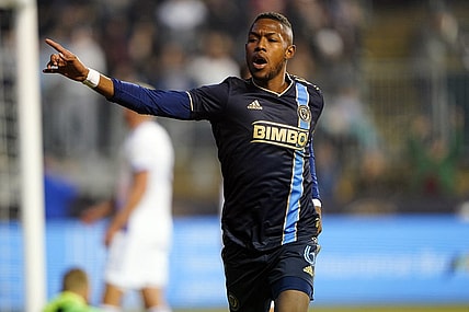 Mar 25, 2023; Philadelphia, Pennsylvania, USA; Philadelphia Union midfielder Andres Perea (6) celebrates scoring against the Orlando City SC in the first half at Subaru Park. Mandatory Credit: Gregory Fisher-USA TODAY Sports