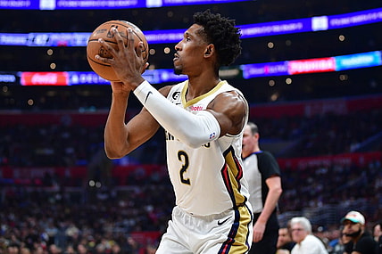 Mar 25, 2023; Los Angeles, California, USA; New Orleans Pelicans guard Josh Richardson (2) shoots against the Los Angeles Clippers during the first half at Crypto.com Arena. Mandatory Credit: Gary A. Vasquez-USA TODAY Sports