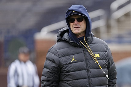 Apr 1, 2023; Ann Arbor, MI, USA;   Michigan Wolverines head coach Jim Harbaugh on the field during the Spring Game at Michigan Stadium. Mandatory Credit: Rick Osentoski-USA TODAY Sports