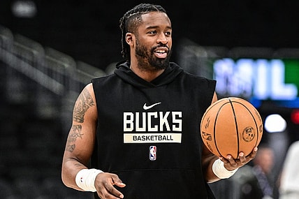 Apr 2, 2023; Milwaukee, Wisconsin, USA; Milwaukee Bucks guard Wesley Matthews (23) warms up before game against the Philadelphia 76ers at Fiserv Forum. Mandatory Credit: Benny Sieu-USA TODAY Sports