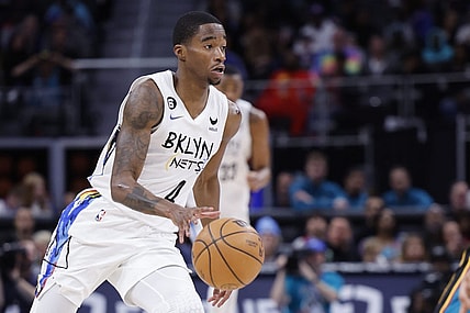 Apr 5, 2023; Detroit, Michigan, USA;  Brooklyn Nets guard Edmond Sumner (4) dribbles in the first half against the Detroit Pistons at Little Caesars Arena. Mandatory Credit: Rick Osentoski-USA TODAY Sports