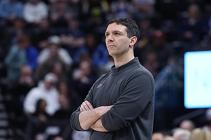 Apr 6, 2023; Salt Lake City, Utah, USA; Oklahoma City Thunder head coach Mark Daigneault looks on against the Utah Jazz in the second quarter at Vivint Arena. Mandatory Credit: Rob Gray-USA TODAY Sports