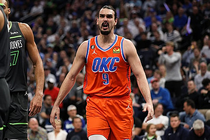 Apr 14, 2023; Minneapolis, Minnesota, USA; Oklahoma City Thunder forward Dario Saric (9) reacts during the first quarter against the Minnesota Timberwolves at Target Center. Mandatory Credit: Matt Krohn-USA TODAY Sports