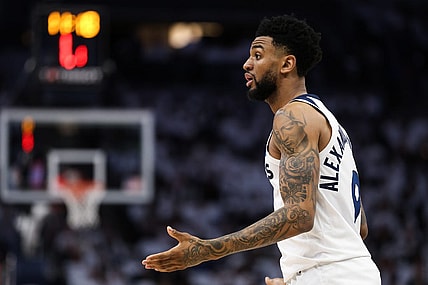 Apr 23, 2023; Minneapolis, Minnesota, USA; Minnesota Timberwolves guard Nickeil Alexander-Walker (9) reacts after a foul call against the Denver Nuggets during the second quarter of game four of the 2023 NBA Playoffs at Target Center. Mandatory Credit: Matt Krohn-USA TODAY Sports