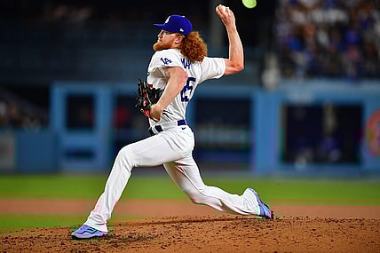 May 12, 2023; Los Angeles, California, USA; Los Angeles Dodgers starting pitcher Dustin May (85) throws against the San Diego Padres during the fourth inning at Dodger Stadium. Mandatory Credit: Gary A. Vasquez-USA TODAY Sports