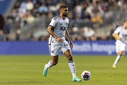May 17, 2023; Philadelphia, Pennsylvania, USA; D.C. United midfielder Victor Palsson (44) controls the ball against the Philadelphia Union during the first half at Subaru Park. Mandatory Credit: Bill Streicher-USA TODAY Sports
