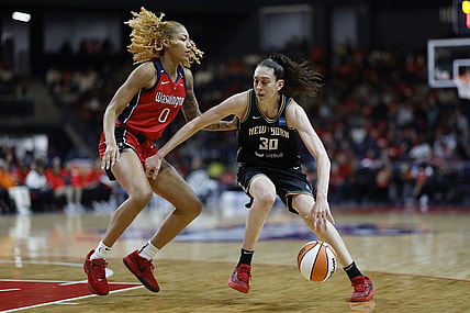 May 19, 2023; Washington, District of Columbia, USA; New York Liberty forward Breanna Stewart (30) drives to the basket as Washington Mystics center Shakira Austin (0) defends at Entertainment & Sports Arena. Mandatory Credit: Geoff Burke-USA TODAY Sports