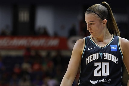 May 19, 2023; Washington, District of Columbia, USA; New York Liberty guard Sabrina Ionescu (20) stands on the court against the Washington Mystics at Entertainment & Sports Arena. Mandatory Credit: Geoff Burke-USA TODAY Sports