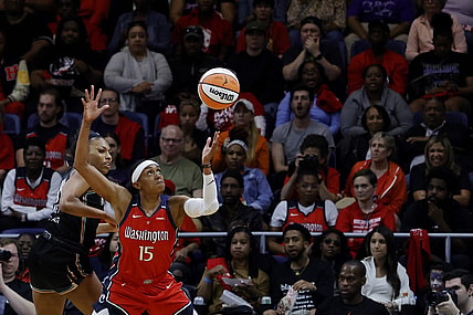 May 19, 2023; Washington, District of Columbia, USA; Washington Mystics guard Brittney Sykes (15) and New York Liberty forward Betnijah Laney (44) battles for the ball at Entertainment & Sports Arena. Mandatory Credit: Geoff Burke-USA TODAY Sports