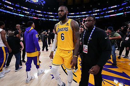 May 22, 2023; Los Angeles, California, USA; Los Angeles Lakers forward LeBron James (6) reacts to losing to the Denver Nuggets in game four of the Western Conference Finals for the 2023 NBA playoffs at Crypto.com Arena. Mandatory Credit: Kirby Lee-USA TODAY Sports