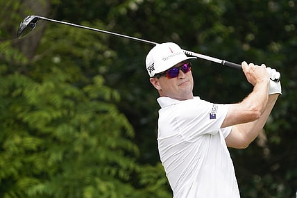 May 25, 2023; Fort Worth, Texas, USA; Zach Johnson plays his shot from the sixth tee during the first round of the Charles Schwab Challenge golf tournament. Mandatory Credit: Raymond Carlin III-USA TODAY Sports