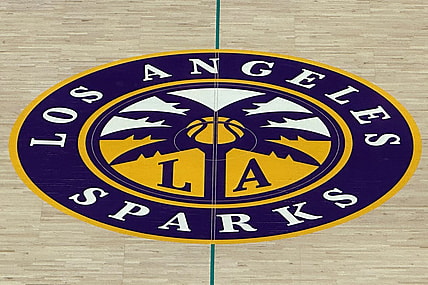 May 25, 2023; Los Angeles, California, USA; A general overall view of the LA Sparks logo at center court at Crypto.com Arena. Mandatory Credit: Kirby Lee-USA TODAY Sports