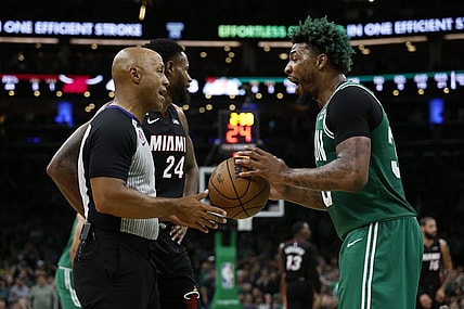 May 25, 2023; Boston, Massachusetts, USA; Boston Celtics guard Marcus Smart (36) reacts to an official during the second quarter against the Miami Heat in game five of the Eastern Conference Finals for the 2023 NBA playoffs at TD Garden. Mandatory Credit: Winslow Townson-USA TODAY Sports
