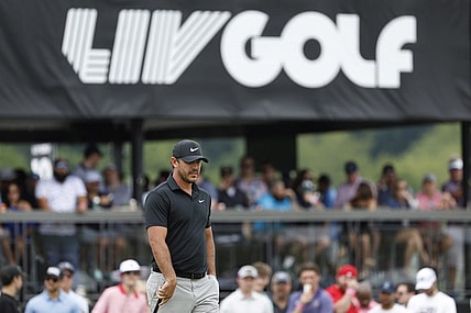 Brooks Koepka watches his putt on the fourth green during the final round of LIV Golf Washington, D.C. golf tournament at Trump National. Mandatory Credit: Geoff Burke-USA TODAY Sports