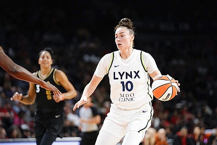 May 28, 2023; Las Vegas, Nevada, USA; Minnesota Lynx forward Jessica Shepard (10) dribbles the ball against the Las Vegas Aces during the second quarter at Michelob Ultra Arena. Mandatory Credit: Lucas Peltier-USA TODAY Sports