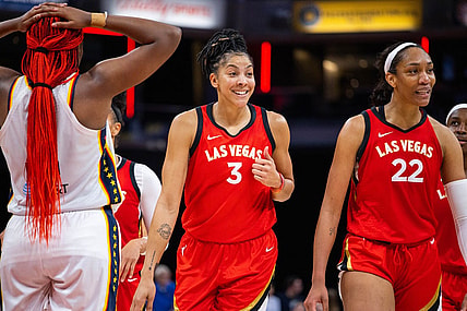Jun 4, 2023; Indianapolis, Indiana, USA; Las Vegas Aces forward Candace Parker (3) celebrates the win against the Indiana Fever  at Gainbridge Fieldhouse. Mandatory Credit: Trevor Ruszkowski-USA TODAY Sports