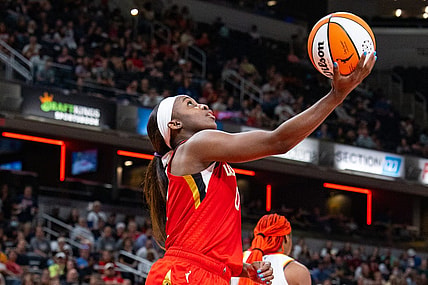 Jun 4, 2023; Indianapolis, Indiana, USA; Las Vegas Aces guard Jackie Young (0) shoots the ball in the second half against the Indiana Fever at Gainbridge Fieldhouse. Mandatory Credit: Trevor Ruszkowski-USA TODAY Sports