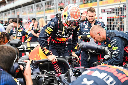 Jun 18, 2023; Montreal, Quebec, CAN; Red Bull Racing driver Max Verstappen (NED) pulls out of his car prior to the Canadian Grand Prix at Circuit Gilles Villeneuve. Mandatory Credit: David Kirouac-USA TODAY Sports