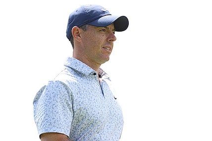 Jun 22, 2023; Cromwell, Connecticut, USA; Rory McIlroy looks up while walking off the ninth tee during the first round of the Travelers Championship golf tournament. Mandatory Credit: Vincent Carchietta-USA TODAY Sports