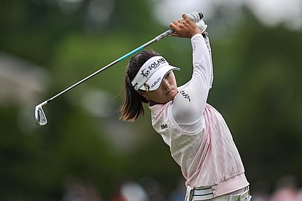 Jun 24, 2023; Springfield, New Jersey, USA; Jin Young Ko tees off on the 4th hole during the third round of the KPMG Women's PGA Championship golf tournament. Mandatory Credit: John Jones-USA TODAY Sports