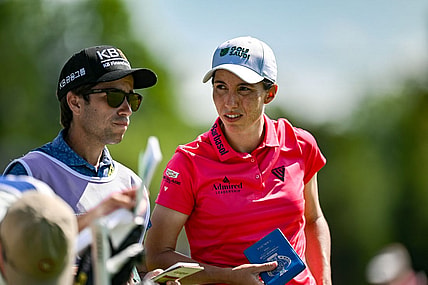 Jun 25, 2023; Springfield, New Jersey, USA; Carlota Ciganda talks to her caddy on the 4th hole during the final round of the KPMG Women's PGA Championship golf tournament. Mandatory Credit: John Jones-USA TODAY Sports