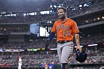 Jul 3, 2023; Arlington, Texas, USA; Houston Astros second baseman Jose Altuve (27) during the game between the Texas Rangers and the Houston Astros at Globe Life Field. Mandatory Credit: Jerome Miron-USA TODAY Sports