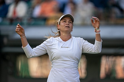 Jul 6, 2023; London, United Kingdom; Donna Vekic (CRO) celebrates winning her match against Sloane Stephens (USA) on day four at the All England Lawn Tennis and Croquet Club.  Mandatory Credit: Susan Mullane-USA TODAY Sports