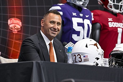 Jul 12, 2023; Arlington, TX, USA; Texas Longhorns head coach Steve Sarkisian is interviewed during Big 12 football media day at AT&T Stadium. Mandatory Credit: Jerome Miron-USA TODAY Sports