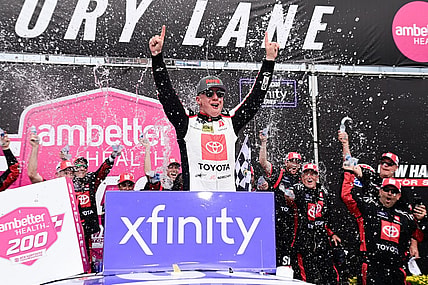 Jul 15, 2023; Loudon, New Hampshire, USA; NASCAR Xfinity Series driver John Hunter Nemechek (20) celebrates winning the Ambetter 200 at New Hampshire Motor Speedway. Mandatory Credit: Eric Canha-USA TODAY Sports