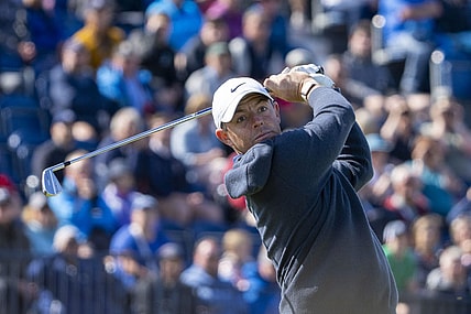 July 17, 2023; Hoylake, ENGLAND, GBR; Rory McIlroy hits his tee shot on the fourth hole during a practice round of The Open Championship golf tournament at Royal Liverpool. Mandatory Credit: Kyle Terada-USA TODAY Sports