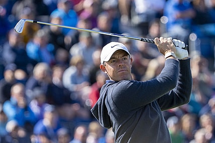 July 17, 2023; Hoylake, ENGLAND, GBR; Rory McIlroy hits his tee shot on the fourth hole during a practice round of The Open Championship golf tournament at Royal Liverpool. Mandatory Credit: Kyle Terada-USA TODAY Sports