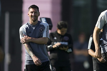 Jul 18, 2023; Fort Lauderdale, FL, USA; Inter Miami CF forward Lionel Messi (10) looks on during team practice at Florida Blue Training Center. Mandatory Credit: Sam Navarro-USA TODAY Sports