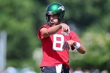 Jul 22, 2023; Florham Park, NJ, USA; New York Jets quarterback Aaron Rodgers (8) participates in drills during the New York Jets Training Camp at Atlantic Health Jets Training Center. Mandatory Credit: Vincent Carchietta-USA TODAY Sports