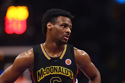 Mar 28, 2023; Houston, TX, USA; West guard Bronny James (6) during the McDonald's All American Boy's high school basketball game at Toyota Center. Mandatory Credit: Mark J. Rebilas-USA TODAY Sports