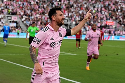 Jul 25, 2023; Fort Lauderdale, FL, USA; Inter Miami CF forward Lionel Messi (10) celebrates after scoring a goal in the first half against the Atlanta United at DRV PNK Stadium. Mandatory Credit: Jasen Vinlove-USA TODAY Sports