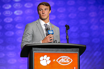 Jul 27, 2023; Charlotte, NC, USA; Clemson quarterback Cade Klubnik answers questions from the media during the ACC 2023 Kickoff at The Westin Charlotte. Mandatory Credit: Jim Dedmon-USA TODAY Sports