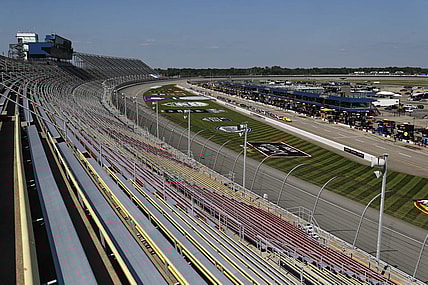 Aug 8, 2020; Brooklyn, Michigan, USA; A view from atop the empty bleachers looking down the front stretch before the NASCAR Cup Series race at Michigan International Speedway. Mandatory Credit: Raj Mehta-USA TODAY Sports
