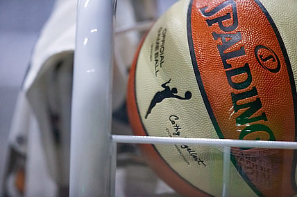 Sep 29, 2020; Bradenton, Florida, USA; A game ball waits on a sanitation cart during game 5 of the WNBA semifinals between the Connecticut Suns and the Las Vegas Aces at IMG Academy. Mandatory Credit: Mary Holt-USA TODAY Sports