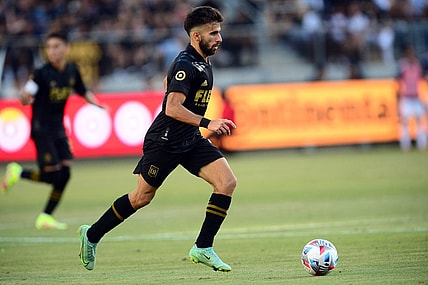 Aug 28, 2021; Los Angeles, CA, Los Angeles, CA, USA; Los Angeles FC forward Diego Rossi (9) moves the ball against the Los Angeles Galaxy during the second half at Banc of California Stadium. Mandatory Credit: Gary A. Vasquez-USA TODAY Sports